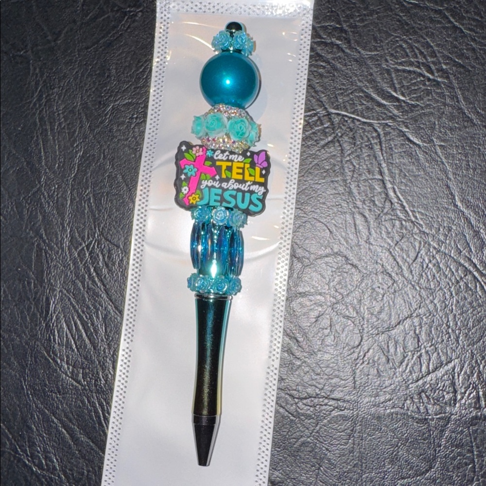 Pen Aqua Jeweled Pen w/Jesus focal Bead, NEW, Beautiful, Hand Crafted - Picture 4 of 5